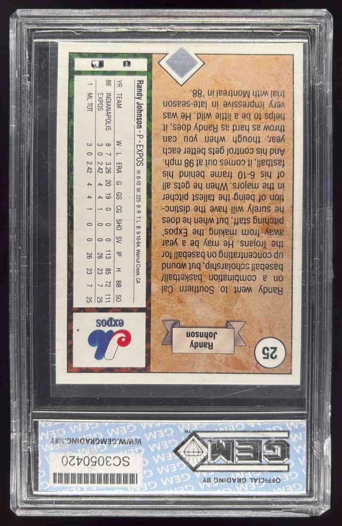 1989 Upper Deck #25 Randy Johnson RC GEM 10 - Image 2