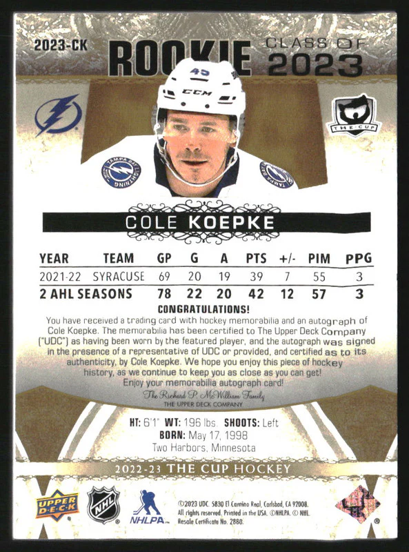 2022-23 The Cup Rookie Class of 2023 Patch Auto Gold Cole Koepke /10 - Image 2
