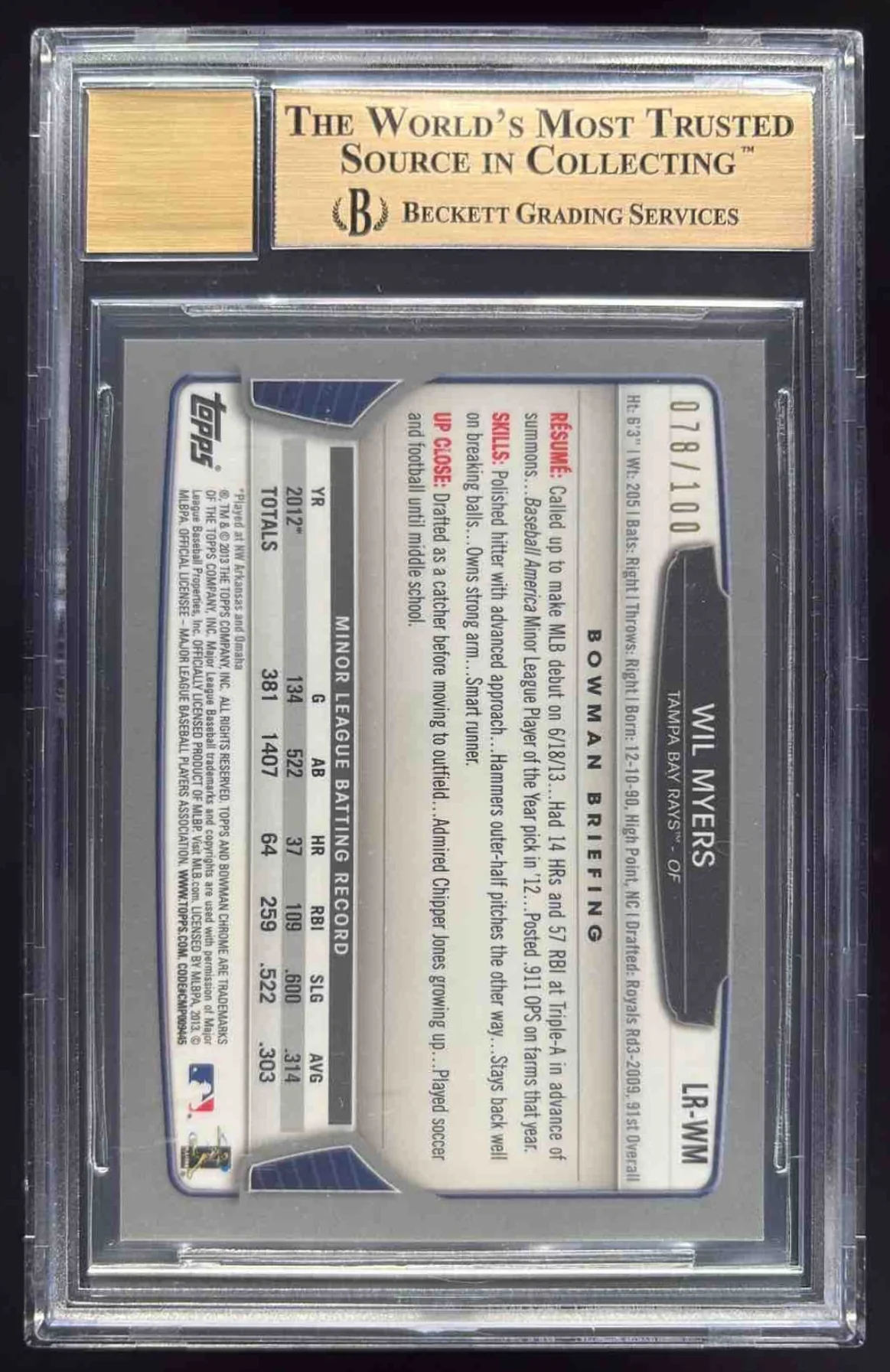 2013 Bowman Lucky Redemption Rookie Autograph Wil Myers RC Auto /100 BGS 9.5 - Image 2