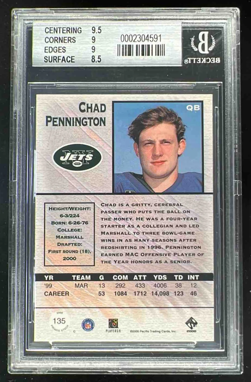 2000 Pacific Private Stock Premiere Date #135 Chad Pennington RC /95 BGS 9 - Image 2