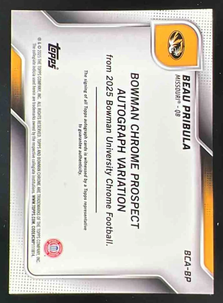2025 Bowman Chrome University Prospect Autograph #BCA-BP Beau Pribula Auto - Image 2