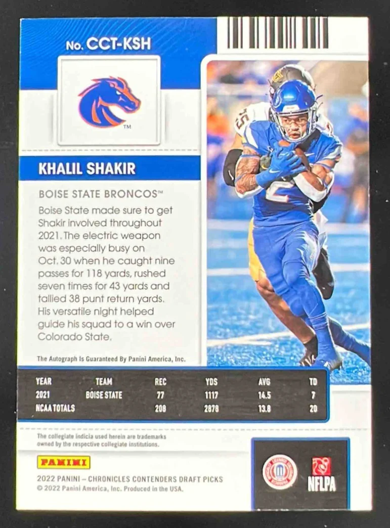 2022 Chronicles Draft Contenders College Blue #CCT-KSH Khalil Shakir RC Auto /99 - Image 2