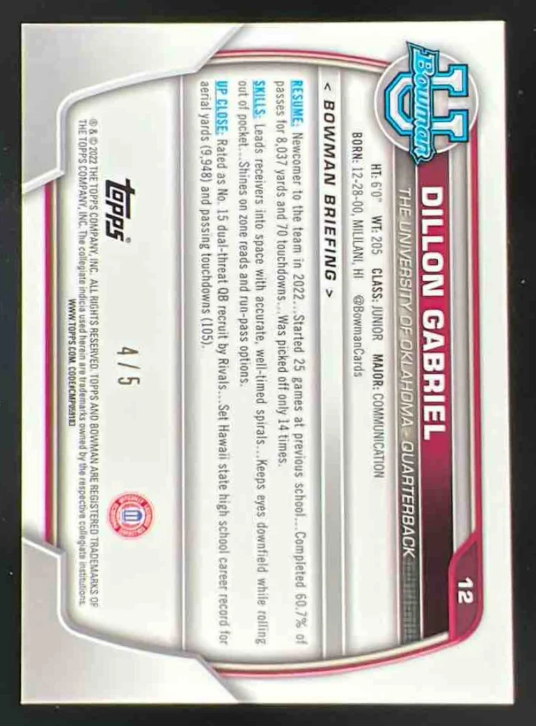2022 Bowman University Chrome Red Refractor #12 Dillon Gabriel /5 - Image 2