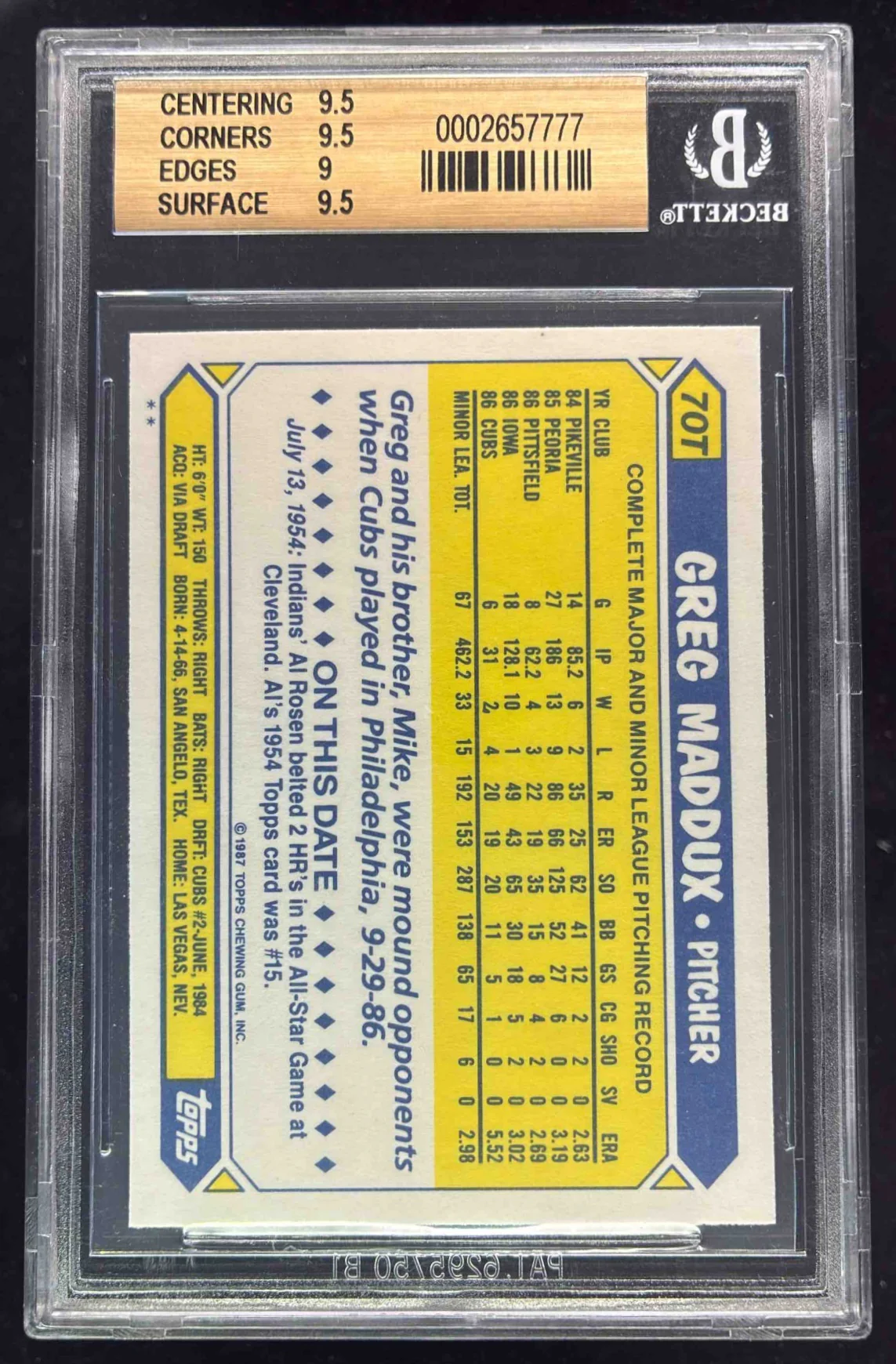 1987 Topps Traded #70T Greg Maddux RC BGS 9.5 - Image 2