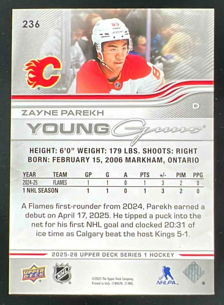 2025 Upper Deck Series 1 #236 Zayne Parekh Young Guns RC - Image 2
