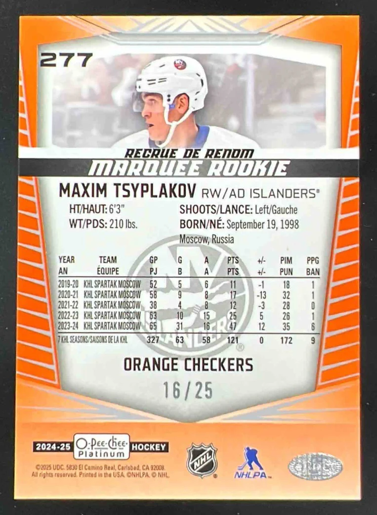 2024-25 O-Pee-Chee Platinum Orange Checkers #277 Maxim Tsyplakov RC Rookie /25 - Image 2
