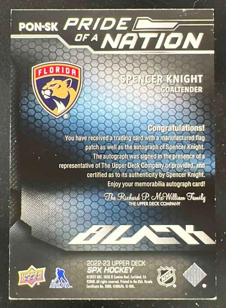 2022-23 Update Black Pride of a Nation Patch #PON-SK Spencer Knight Auto /99 - Image 2