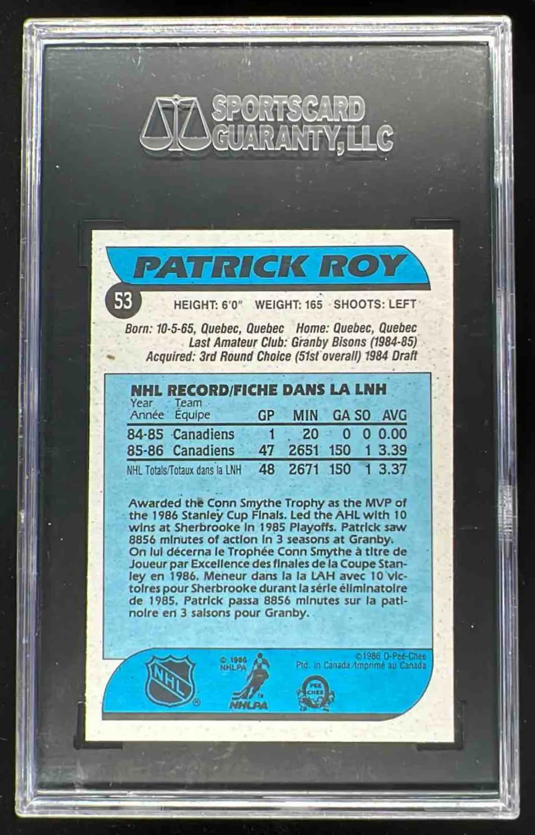 1986-87 O-Pee-Chee #53 Patrick Roy RC SGC 8.5 - Image 2
