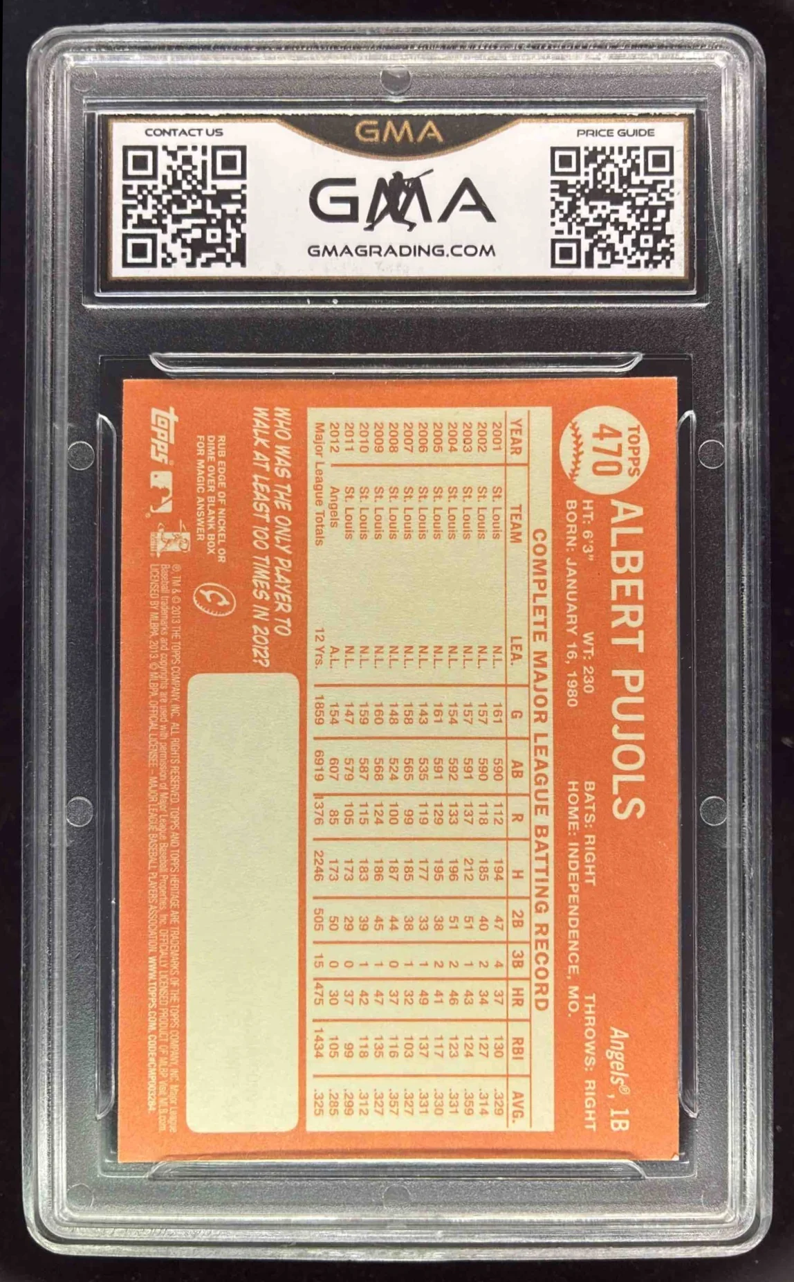 2013 Topps Heritage #470b Albert Pujols SP VAR GMA 9 - Image 2