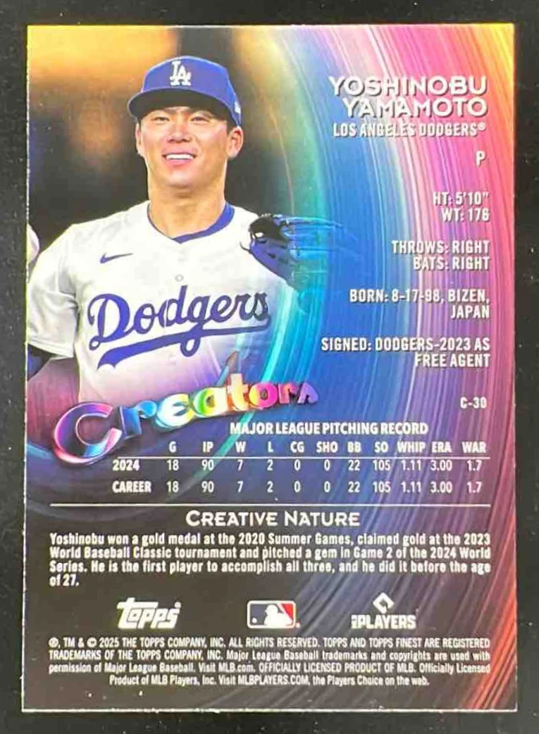 2025 Topps Finest Creators Sky Blue Refractor #C-30 Yoshinobu Yamamoto /150 - Image 2