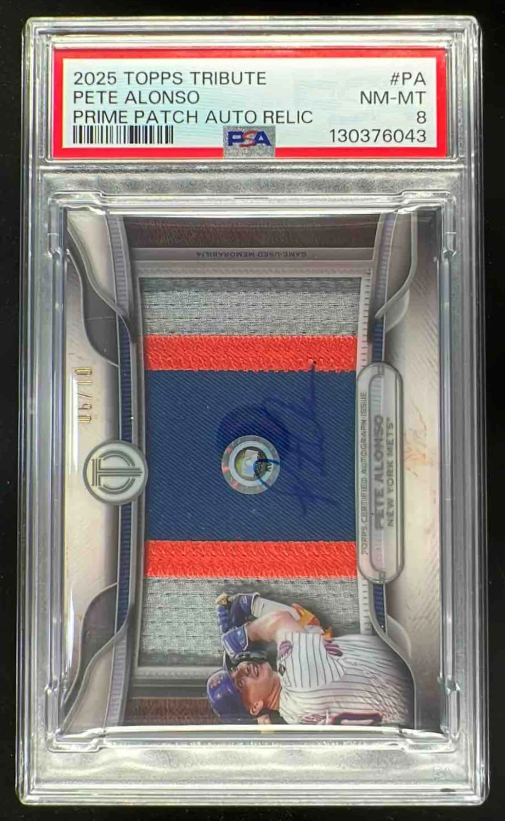 2025 Topps Tribute Prime Patch Autograph Relics #PA Pete Alonso Auto /10 PSA 8