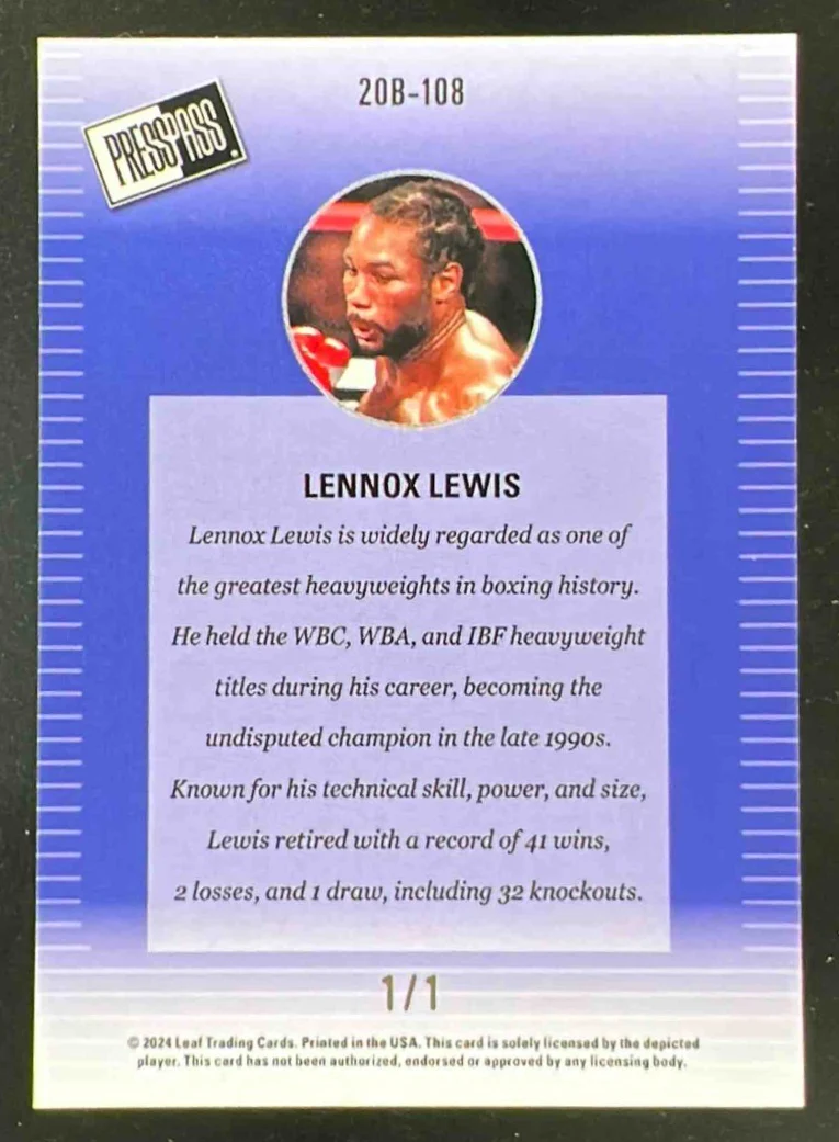 2024 Leaf Collective 2000 Press Pass Green Shimmer #20B-108 Lennox Lewis 1/1 - Image 2