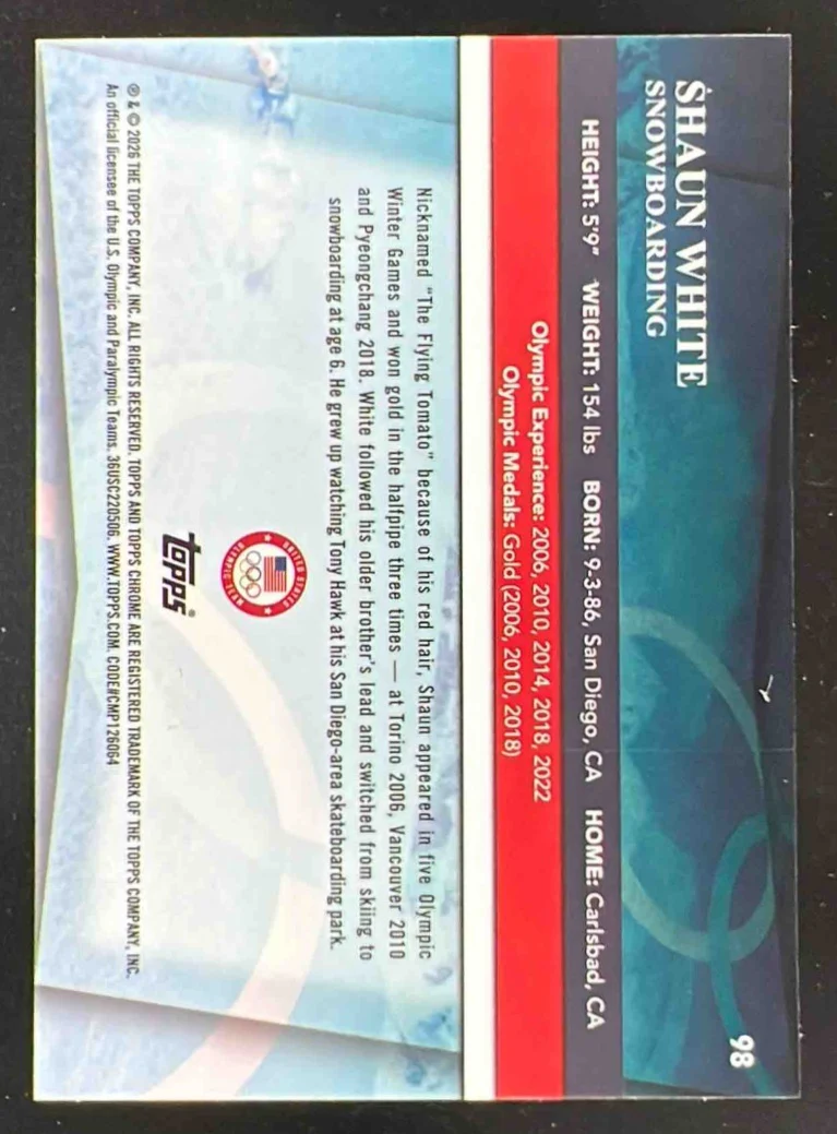 2026 Topps Chrome U.S. Winter Olympic Hopefuls Aqua #98 Shaun White /199 - Image 2