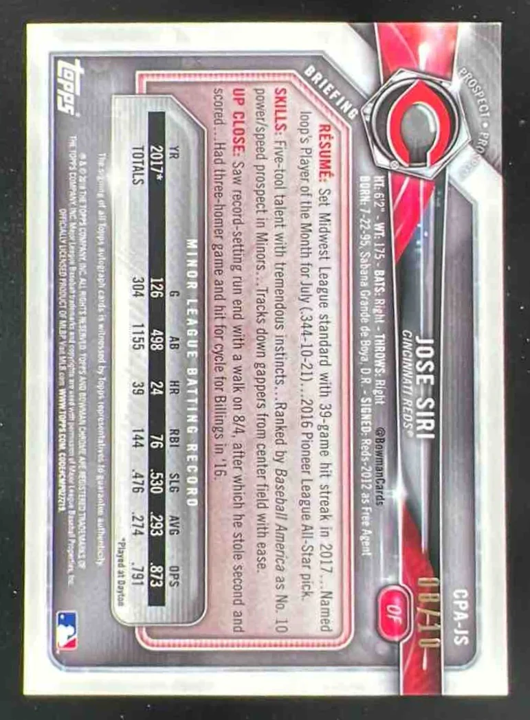 2018 Bowman Chrome Prospect Autographs Gold Shimmer #CPA-JS Jose Siri Auto /50 - Image 2