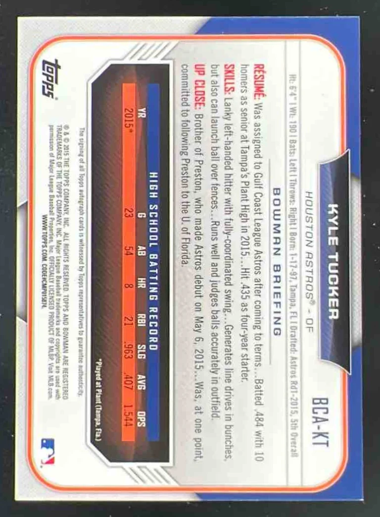 2015 Bowman Draft Chrome Pick Autographs #BCA-KT Kyle Tucker Autograph Auto - Image 2