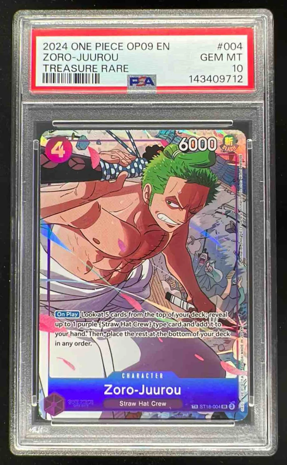2024 One Piece OP09 EN Treasure Rare #004 Zoro Juurou PSA 10