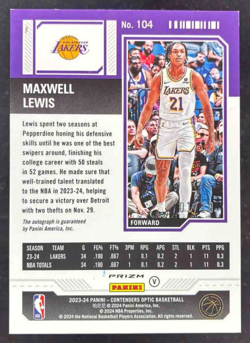 2023 Panini Contenders Optic Rookie Ticket Gold #104 Maxwell Lewis RC Auto /10 - Image 2