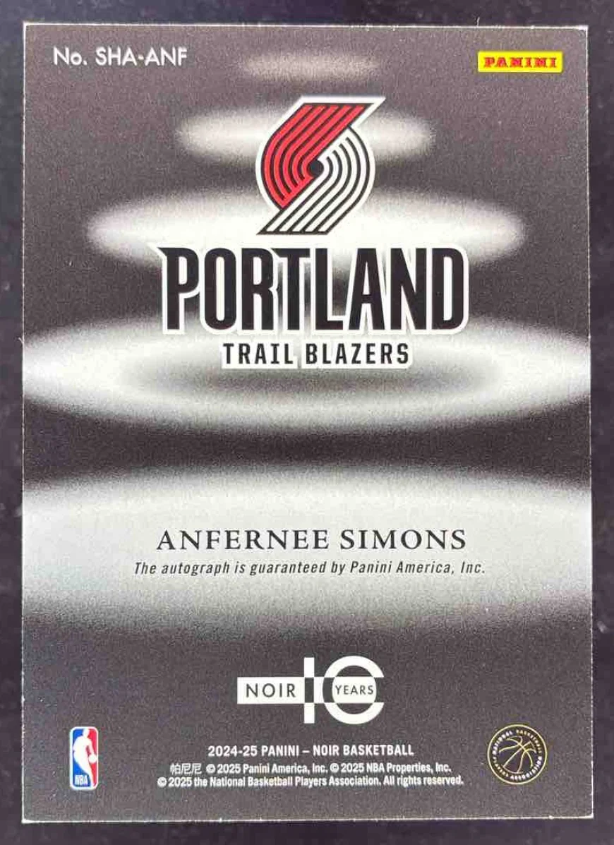 2024 Panini Noir Shadow Signatures #36 Anfernee Simons Auto /49 - Image 2