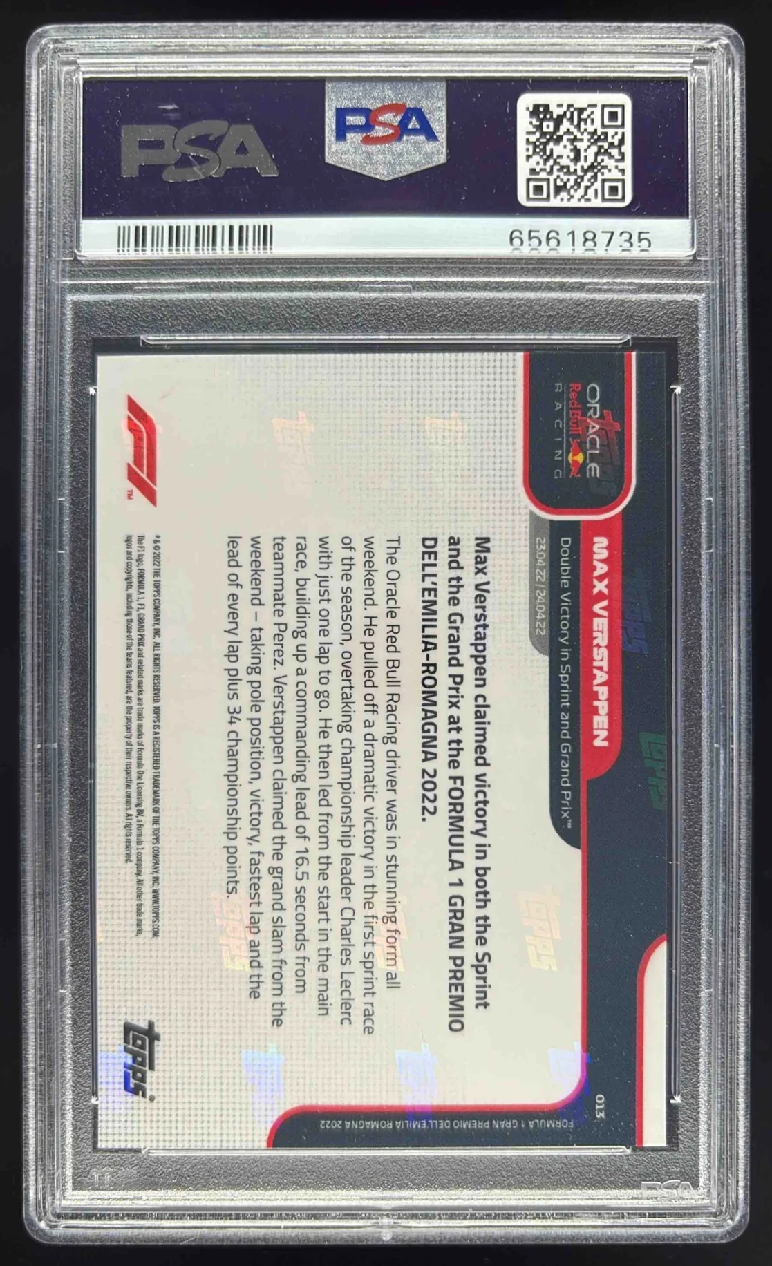 2022 Topps Now Formula 1 #013 Max Verstappen PSA 10 - Image 2