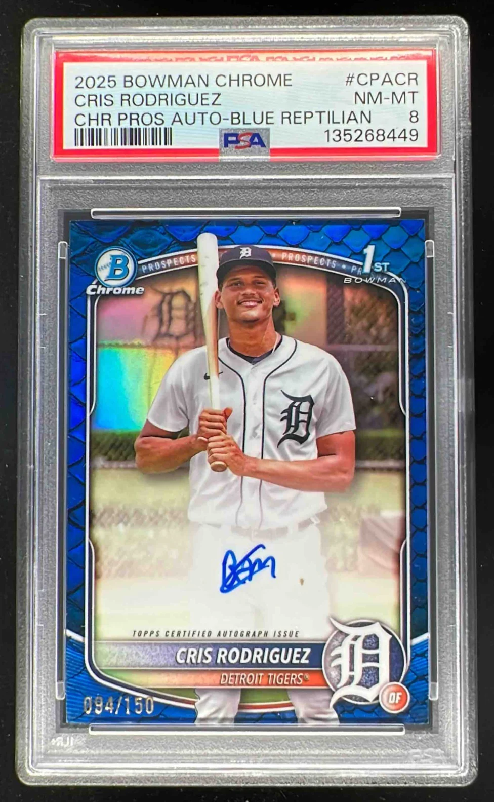 2025 Bowman Chrome Reptilian Blue Refractor Cris Rodriguez RC Auto /150 PSA 8