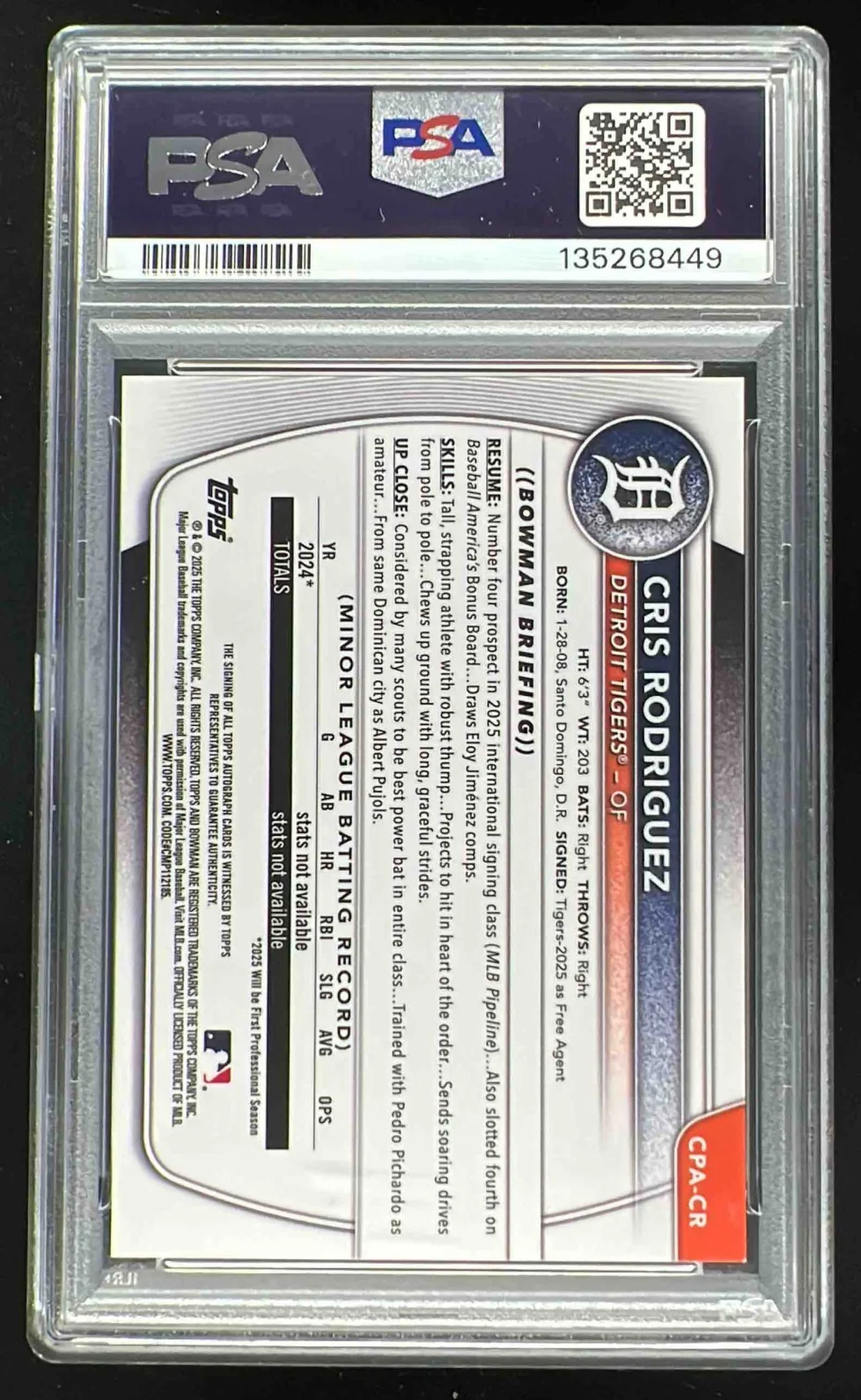 2025 Bowman Chrome Reptilian Blue Refractor Cris Rodriguez RC Auto /150 PSA 8 - Image 2