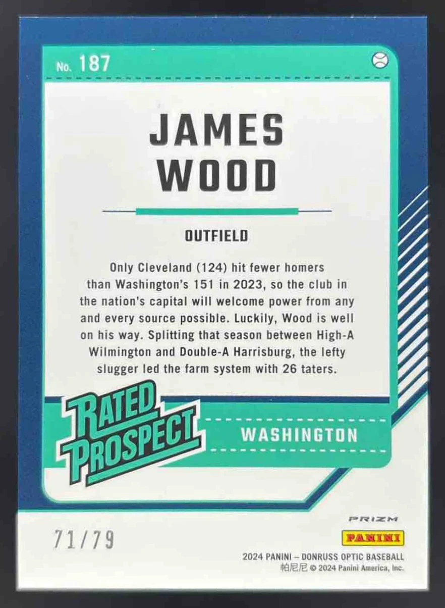 2024 Panini Donruss Optic Pink Velocity Prizm #187 James Wood Rated Prospect /79 - Image 2