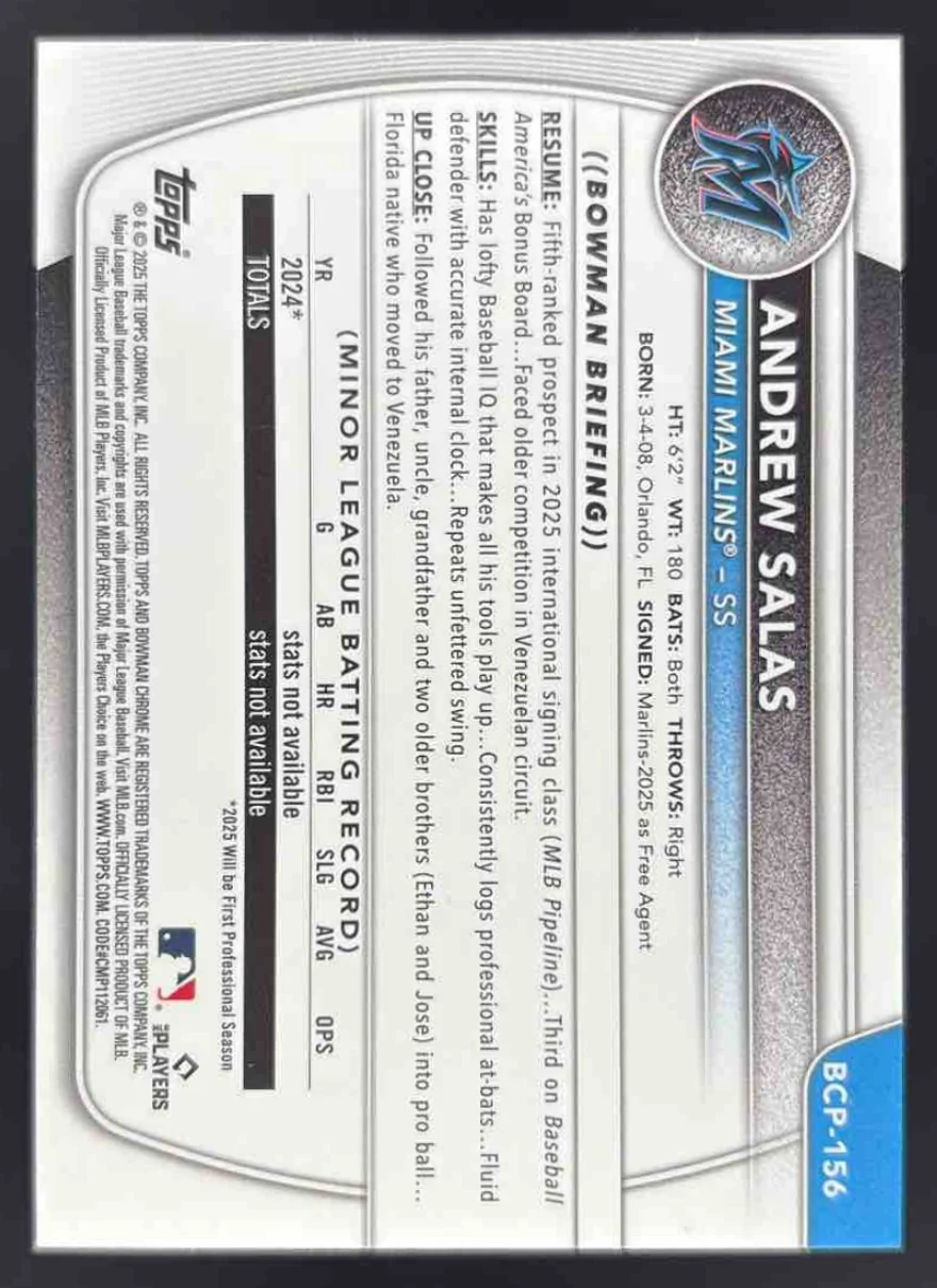 2025 Bowman Chrome Prospects Geometric Refractor #BCP-156 Andrew Salas RC /499 - Image 2