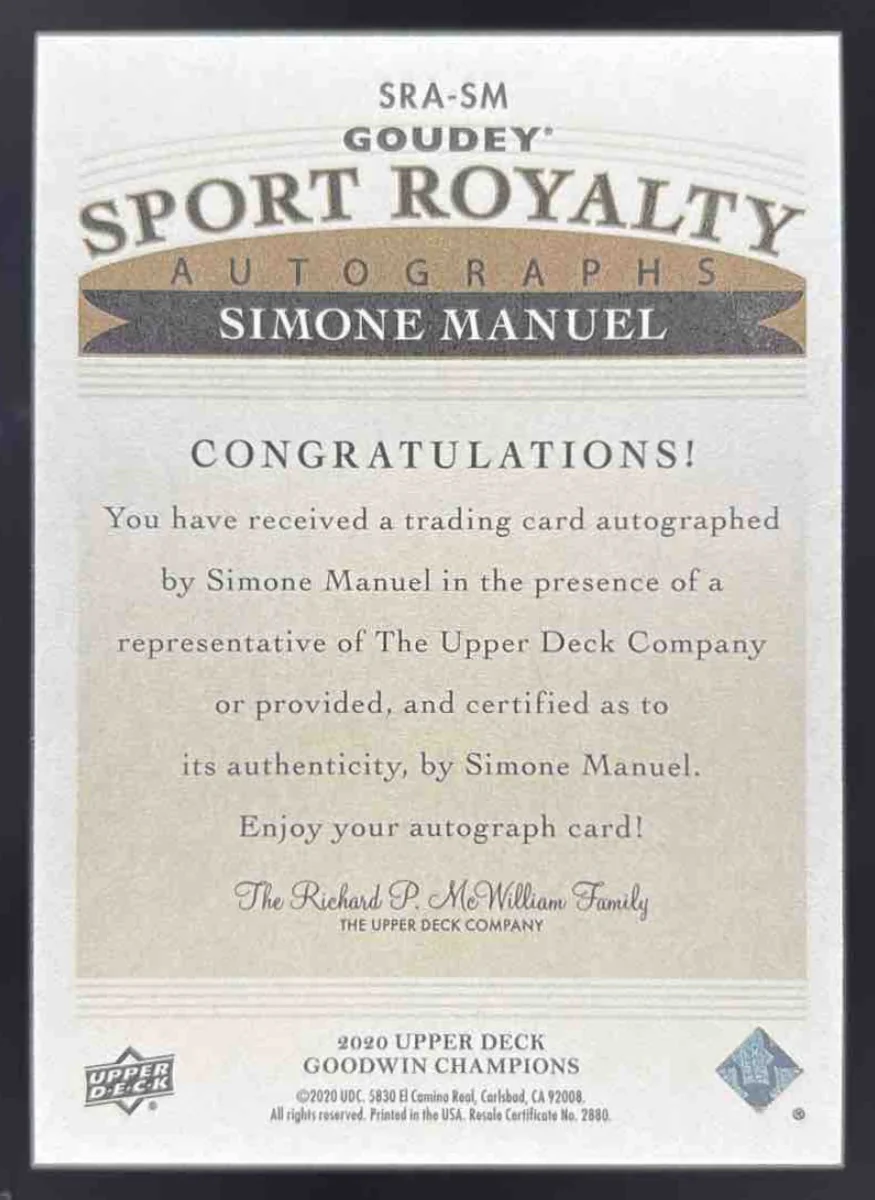 2020 Upper Deck Goodwin Champions Goudey Sport Royalty Simone Manuel Auto - Image 2