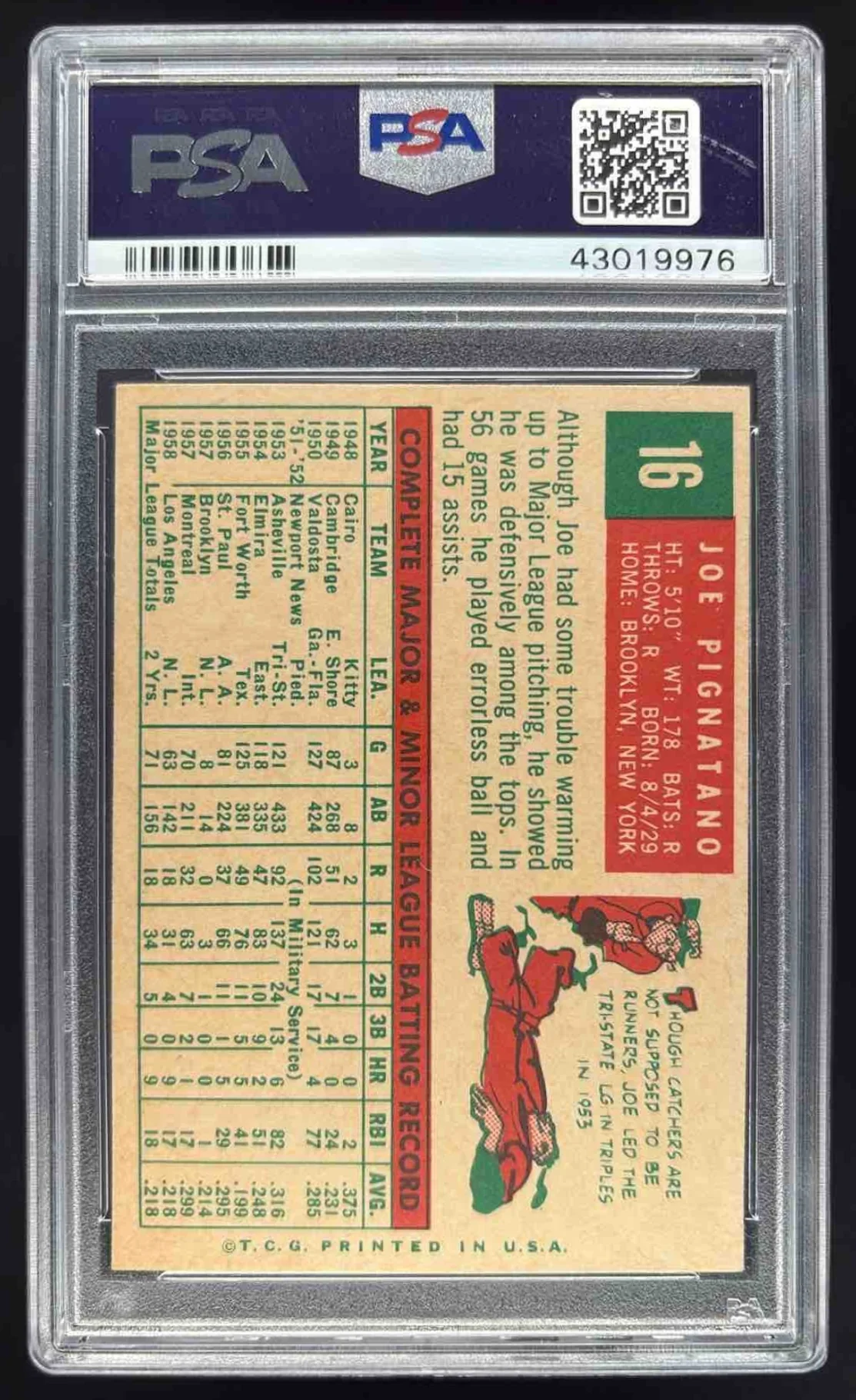 1959 Topps #16 Joe Pignatano PSA 8 - Image 2