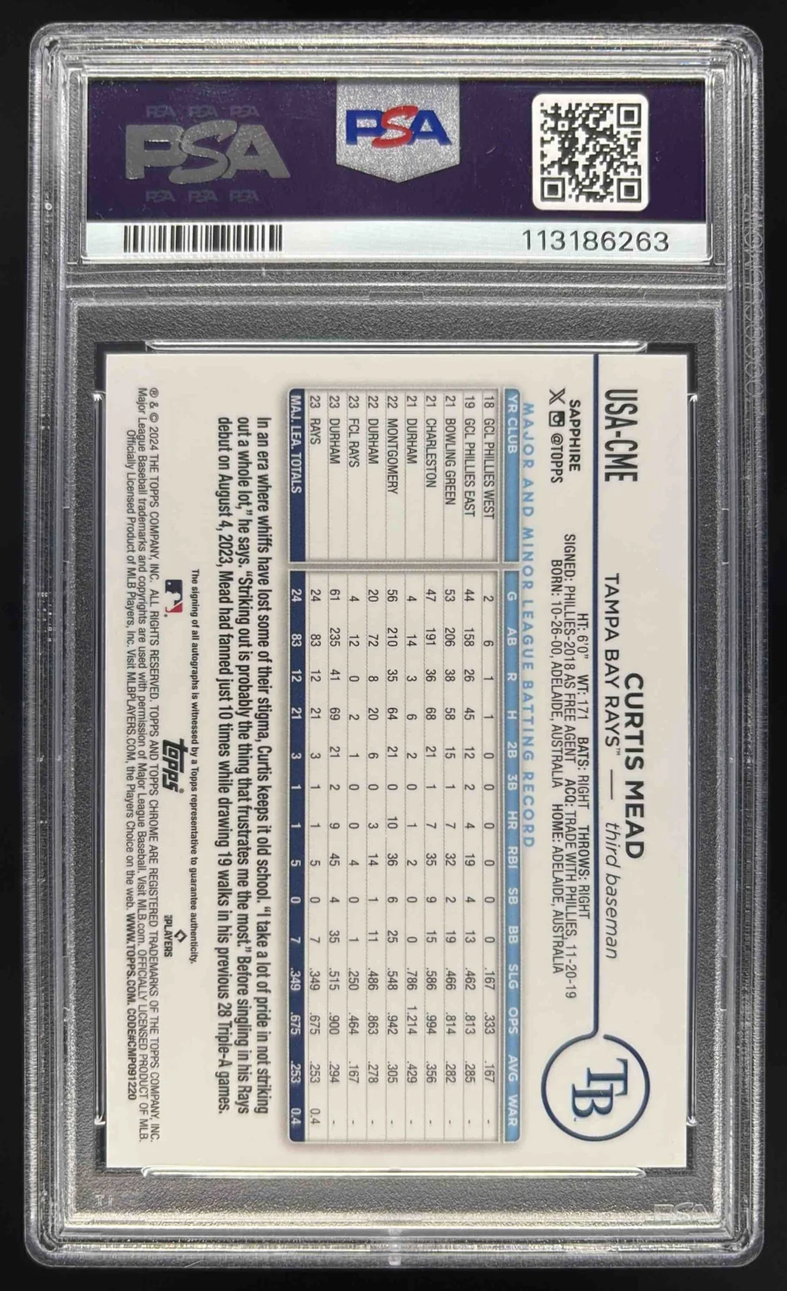 2024 Topps Chrome Sapphire Gold Refractor #USACME Curtis Mead RC Auto /50 PSA 10 - Image 2