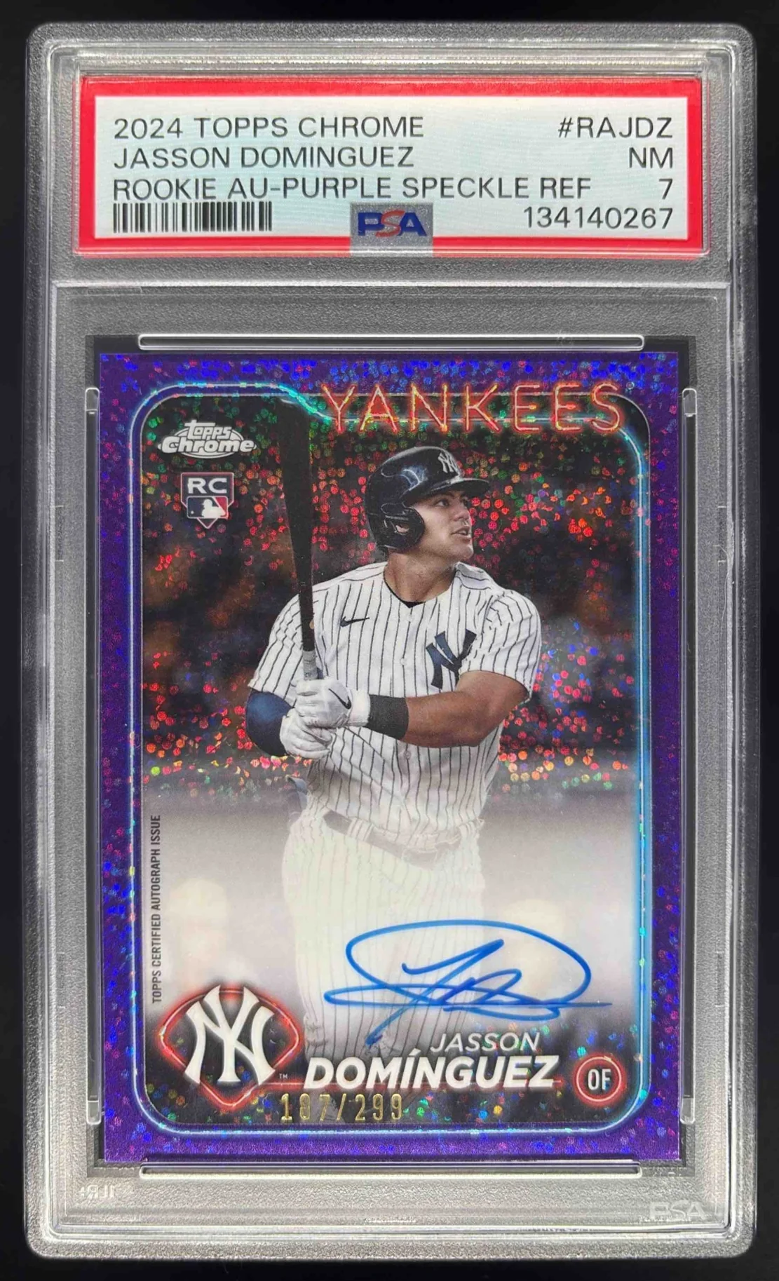 2024 Topps Chrome Rookie Purple Speckle Jasson Dominguez RC Auto /299 PSA 7