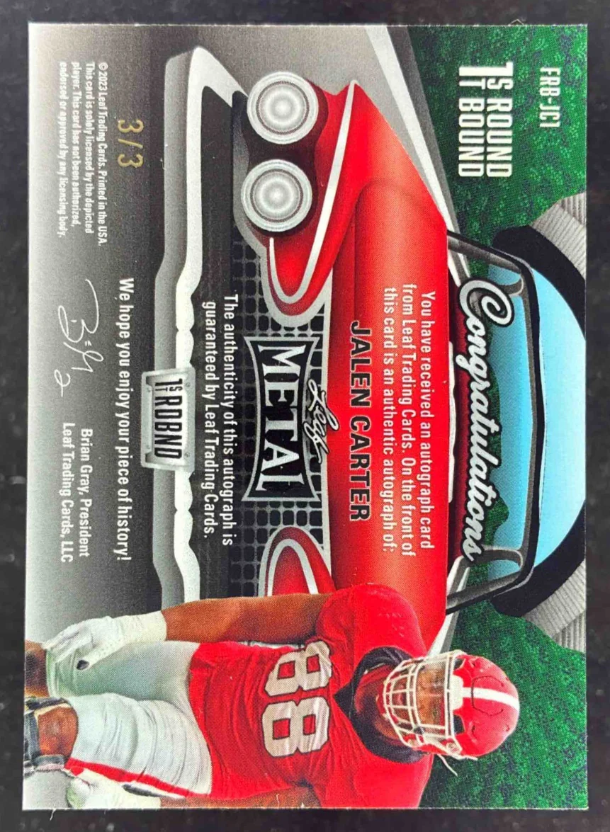 2023 Leaf Metal Draft First Round Bound Wave White #JC1 Jalen Carter RC Auto /3 - Image 2