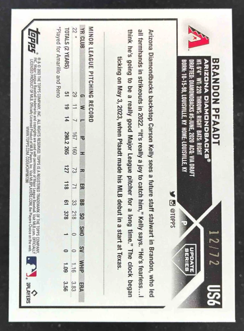 2023 Topps Update Black #US6 Brandon Pfaadt RC /72 - Image 2