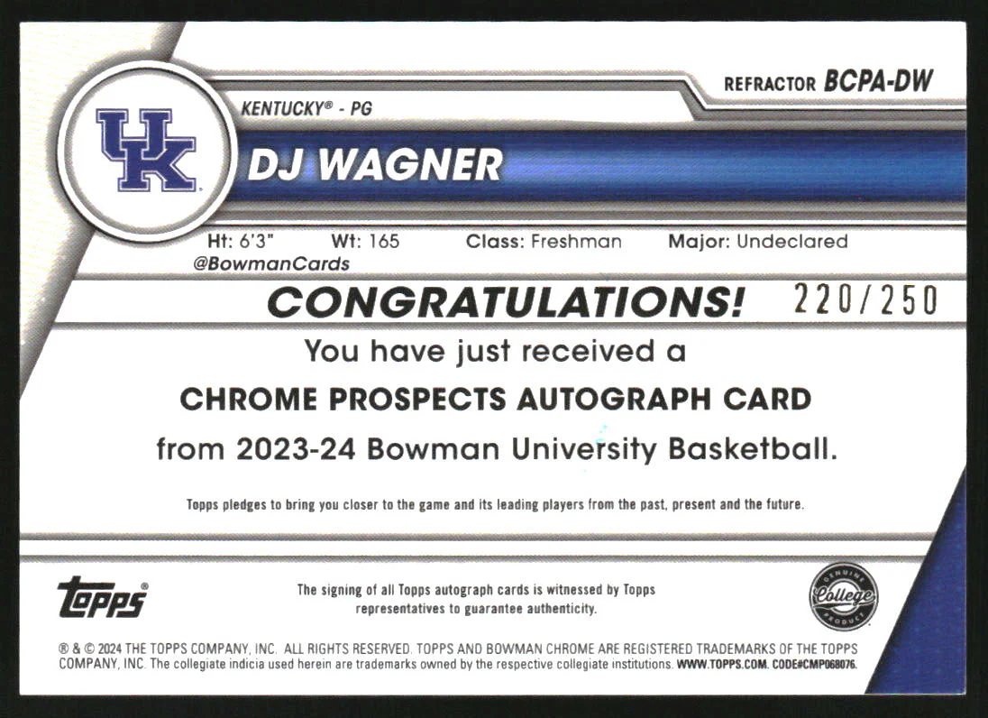 2023 Bowman Chrome University Autograph Refractor DJ Wagner RC Auto /250 - Image 2