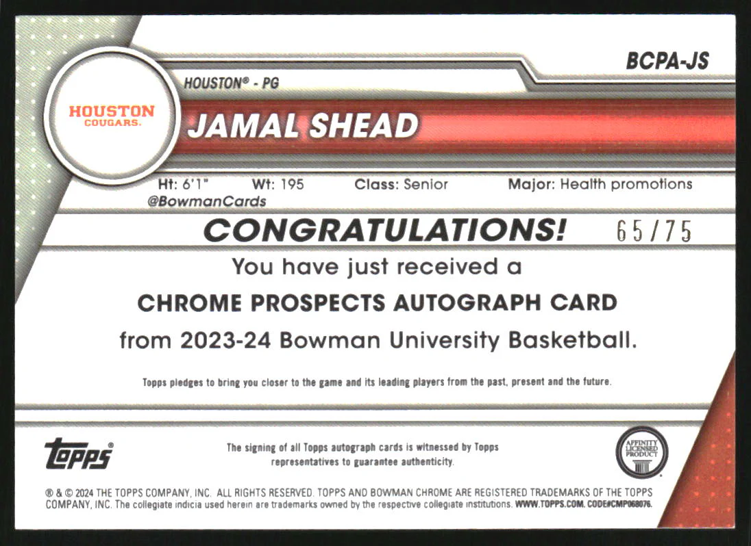 2023 Bowman Chrome University Prospect Autographs Yellow Jamal Shead RC Auto /75 - Image 2