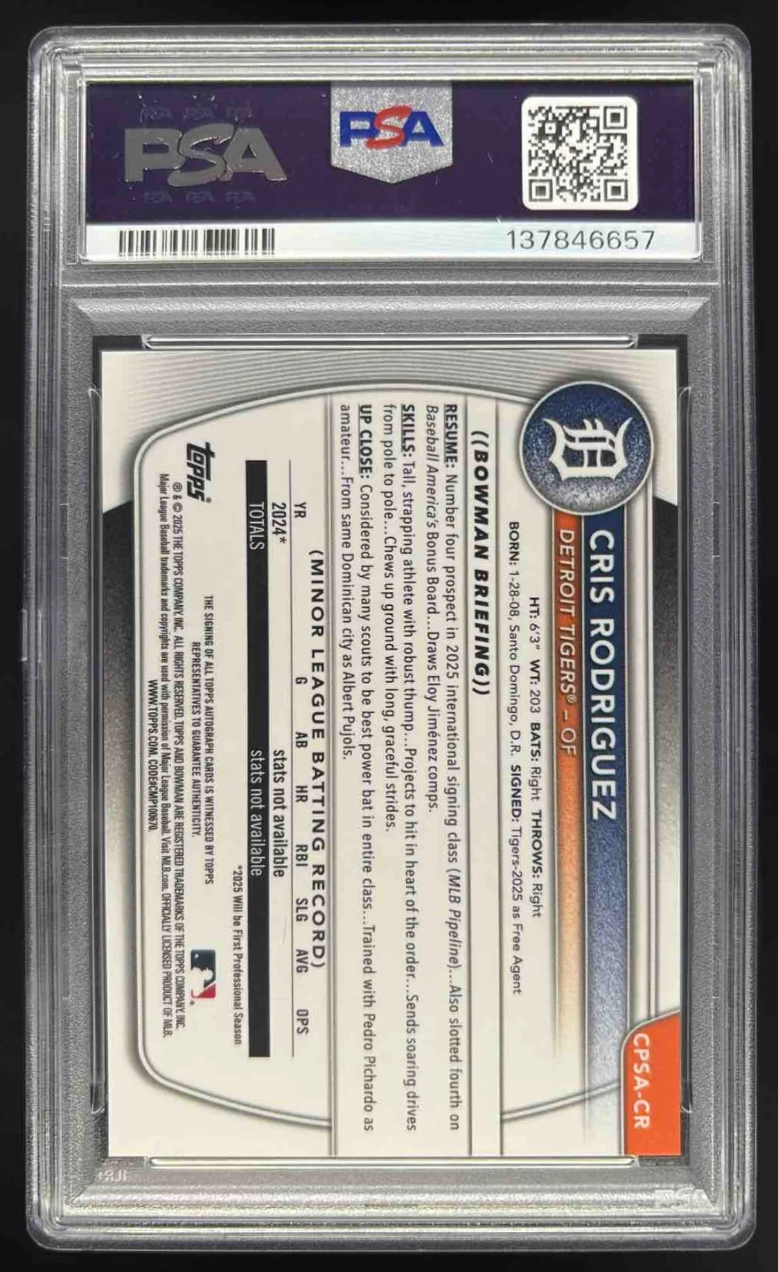 2025 Bowman Chrome Sapphire Gold #CPSA-CR Cris Rodriguez RC Auto /50 PSA 10 - Image 2