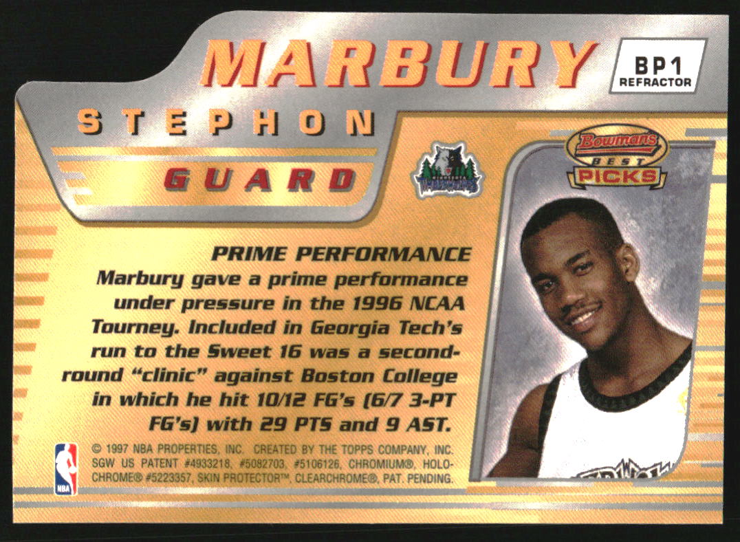 1996-97 Bowman's Best Picks Refractors #BP1 Stephon Marbury - Image 2