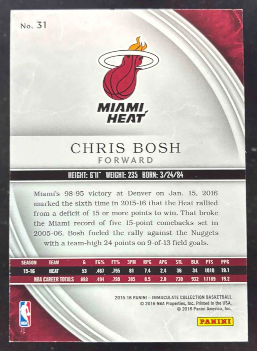 2015-16 Panini Immaculate Collection Bronze #31 Chris Bosh /49 - Image 2
