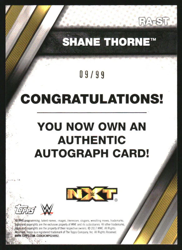2017 Topps WWE NXT Autographs Bronze #RAST Shane Thorne Auto /99 - Image 2