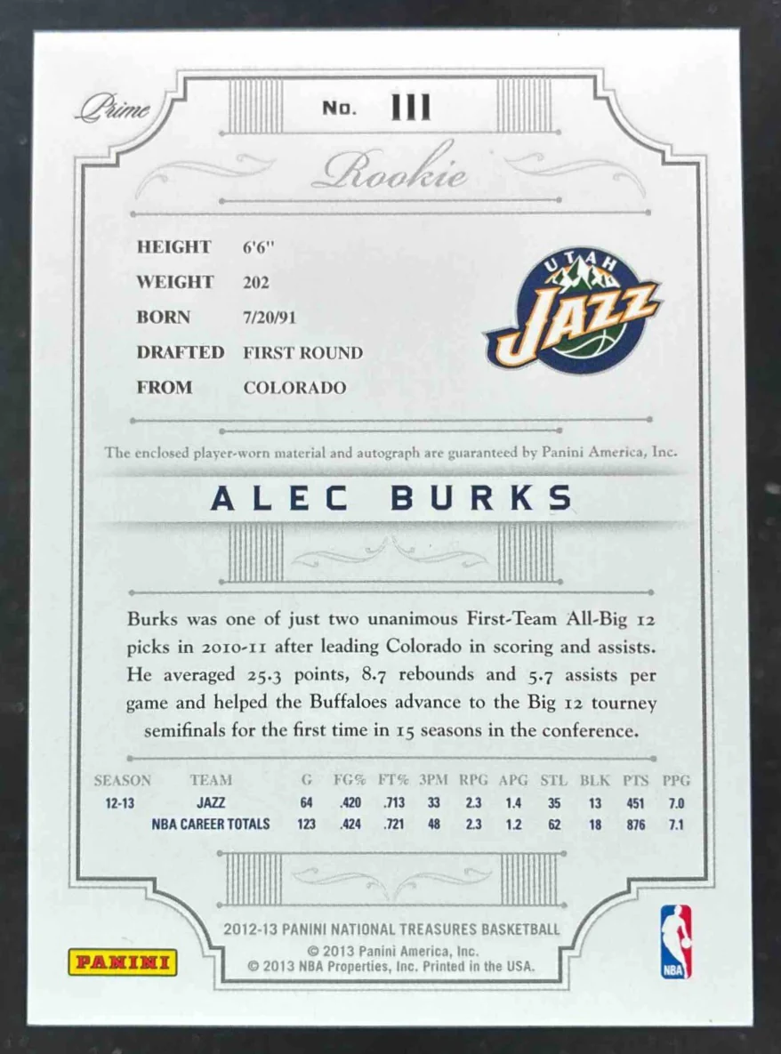 2012-13 Panini National Treasures #111 Alec Burks RC Auto /99 - Image 2