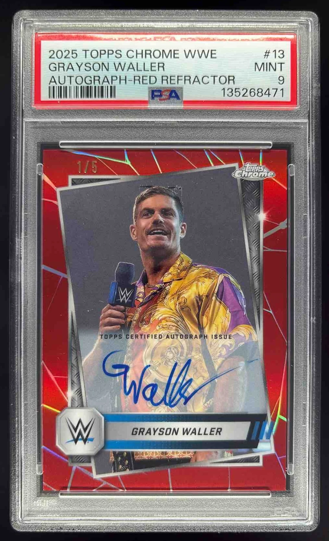 2025 Topps Chrome WWE Red Refractors #13 Grayson Waller Auto /5 PSA 9