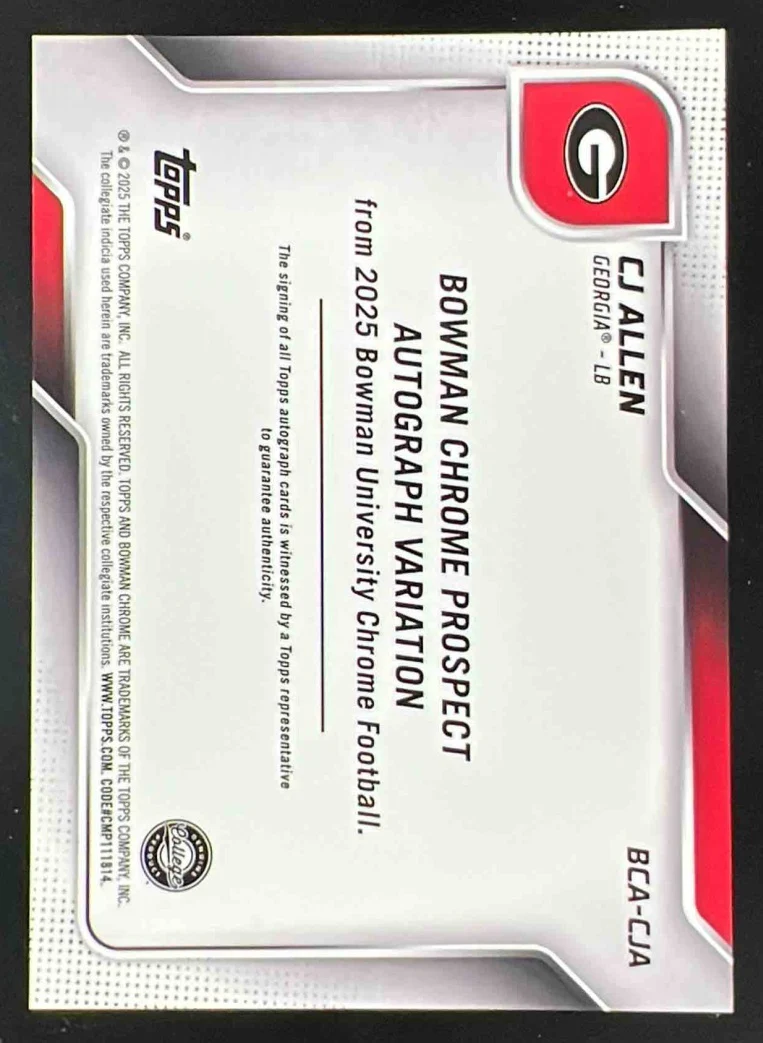 2025 Bowman Chrome University Autograph Red Refractor #BCA-CJA CJ Allen Auto /5 - Image 2