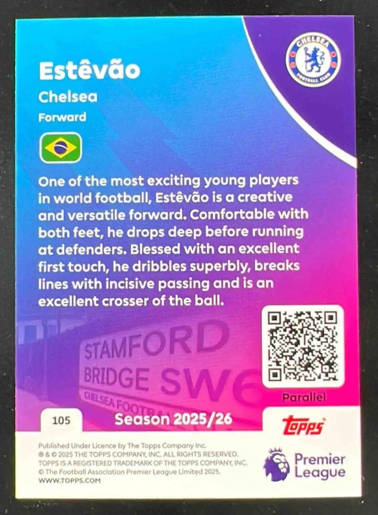 2025-26 Topps Premier League Orange Rainbow Foil #105 Estevao RC /25 - Image 2