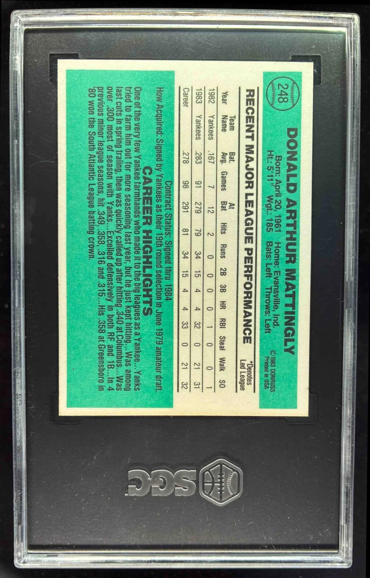 1984 Donruss #248 Don Mattingly RC SGC 9.5 - Image 2