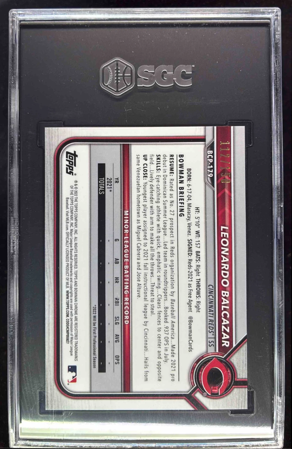 2022 Bowman Chrome Blue Refractor #BCP-179 Leonardo Balcazar RC /150 SGC 10 - Image 2