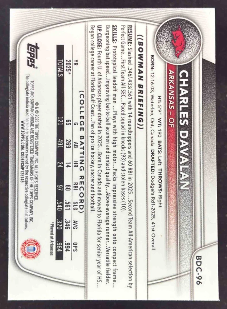 2025 Bowman Draft Chrome College Variation #BDC-96 Charles Davalan - Image 2