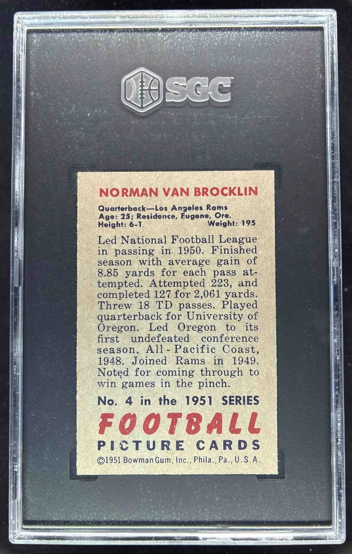 1951 Bowman #4 Norman Van Brocklin SGC 8.5 - Image 2