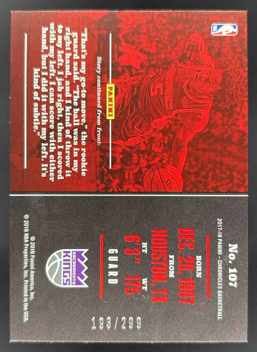 2017-18 Panini Chronicles Red #107 De'Aaron Fox RC /299 - Image 2