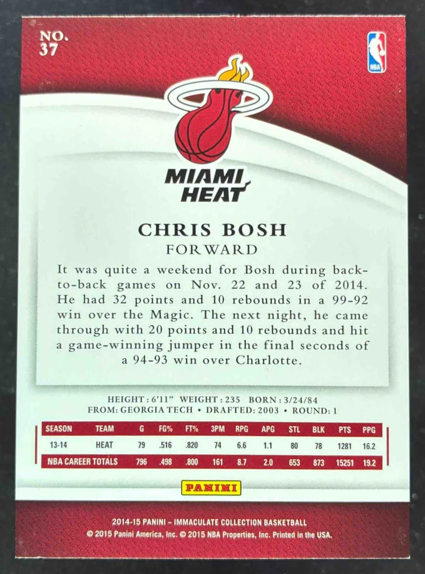 2014-15 Panini Immaculate Collection Red #37 Chris Bosh /25 - Image 2