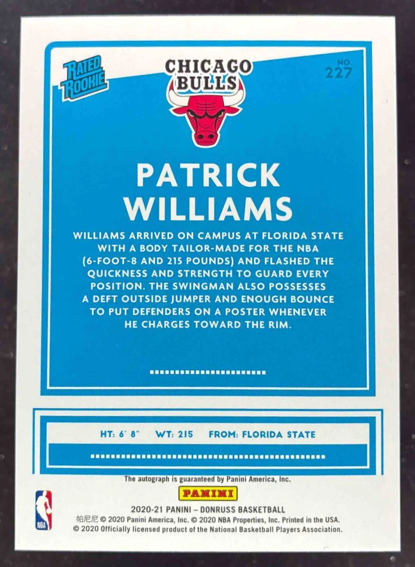 2020-21 Donruss Rated Rookies Holo Gold Laser #227 Patrick Williams RC Auto /10 - Image 2